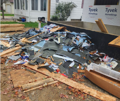 Construction debris and materials scattered